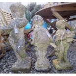 Three composition garden statues of children, each on a square base, heights 72cm, 57cm and 51cm.