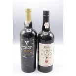A bottle of Quinta Do Vale D. Maria port and a bottle of Ramos Pinto Porto Reserva Collector.