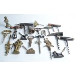 A selection of twenty one brass and other corkscrews, including a motorbike and a squirrel.