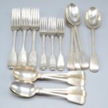 A canteen of late Victorian plain fiddle pattern silver cutlery comprising four tablespoons,