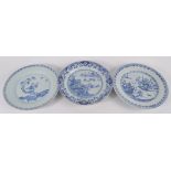 Three Chinese blue and white porcelain plates, 18th century,
