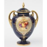 A Royal Worcester fruit painted twin handled vase, of campana shape,