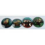 Four unmounted verre églomisé discs by Frances Federer two showing an elephant,