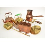 Miscellaneous Victorian copper and brass items, including a trivet, chestnut roaster,