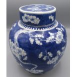 A Chinese porcelain blue and white jar and cover, in the prunus patterm,