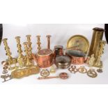 Miscellaneous copper and brass ware, including a copper teapot, 19th century, height 15.