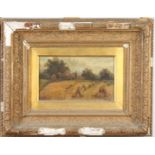 An oil on canvas of a harvesting scene, 19th century, possibly signed B. Buxton, 38.5 x 48cm.