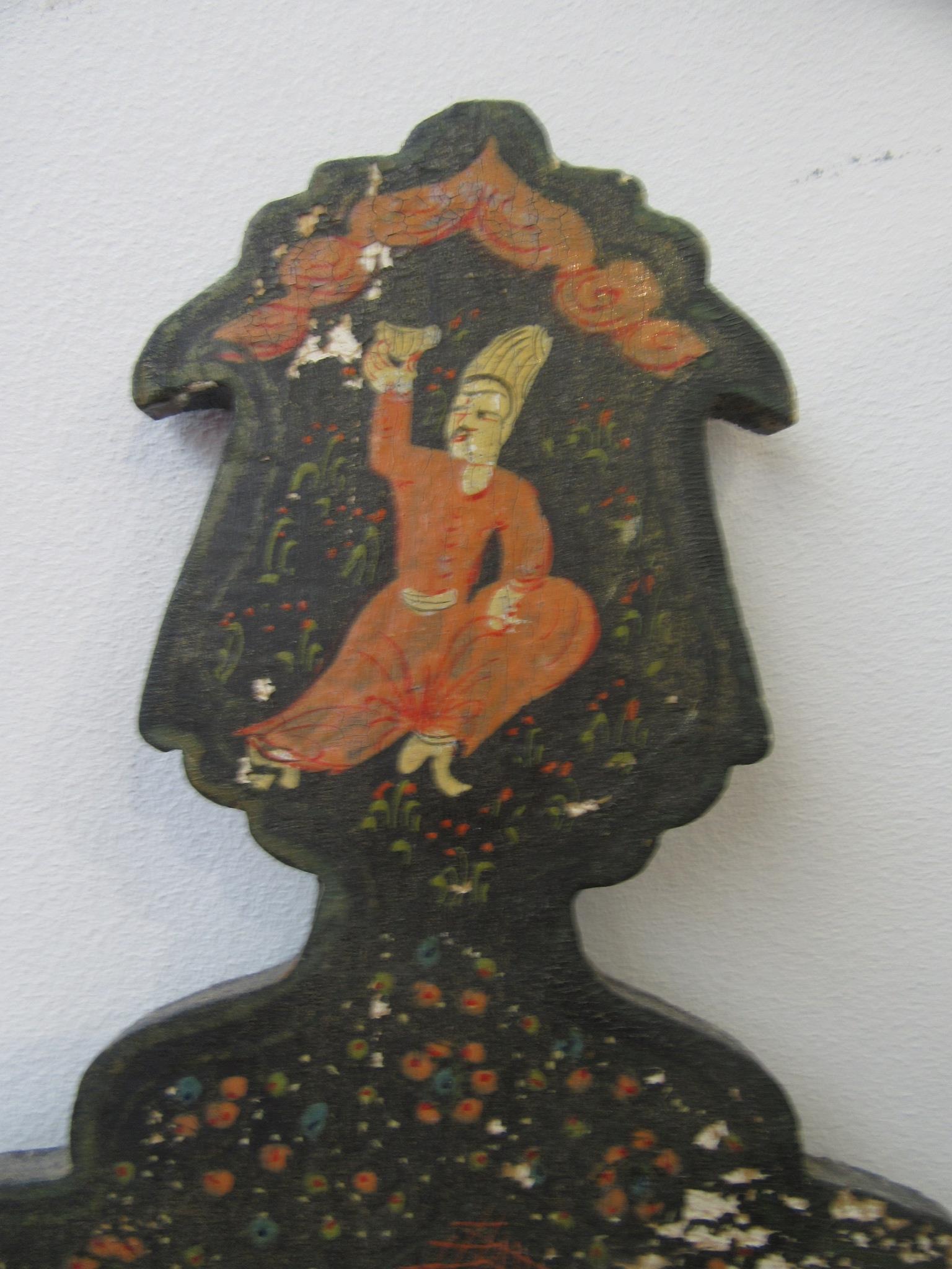 A Persian wall mirror, in a painted wood cabinet with a pair of doors decorated with figures, - Image 4 of 9