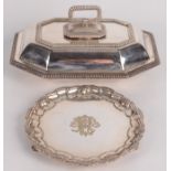 A Mappin & Webb silver plated salver, diameter 20cm and a silver plated entree dish, 28 x 20cm.