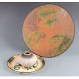 A Celtic pottery dish, diameter 26.5cm, a large studio pottery fern decorated charger, diameter 42.