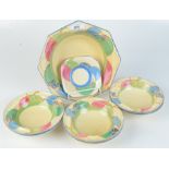 Eight Clarice Cliff Bizarre Fantasque fruit decorated bowls, large bowl 23 x 23cm,