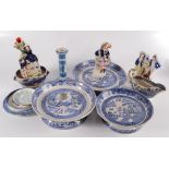 Three Victorian Staffordshire pottery figures, a blue jasper candlestick,