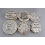 Six various pot lids, entitled 'The Preperation, Balkwill & Co Plymouth', with base, 6 x 8.