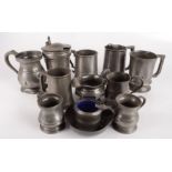 Thirteen miscellaneous pewter items, including tankards.