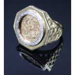A half sovereign ring 2004 with diamond set bezel, 15g.