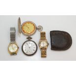 Two silver cased pocket watches and two gentleman's wristwatches.