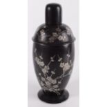 A Japanese black lacquered cocktail shaker decorated with prunus blossom, height 26cm.