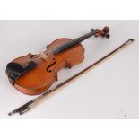 A French violin, with paper label inscibed Charles BUTHOD LUTHIER, length of back 37cm and a bow,