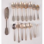 A small collection of silver cutlery comprising five Victorian fiddle pattern teaspoons,