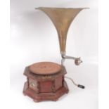 A 'His Masters Voice' octagonal wooden gramophone, with brass horn, diameter of horn 43.5cm.
