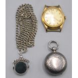 A silver fob, a Services Court gold plated wristwatch and a silver sovereign case.