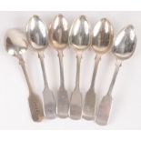 A set of six Victorian plain fiddle pattern Exeter silver dessert spoons by John Stone, 9.7oz.
