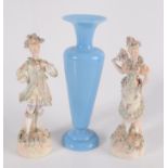 A pair of continental porcelain figures, height 16cm and a Victorian blue glass baluster vase,