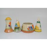 A Clarice Cliff Bizarre Crocus pattern salt cellar and jar, height of cellar 8cm,