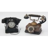 Two vintage telephones, including a converted black bakelite example.