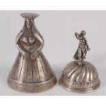 A small continental bell, the finial a female figure,