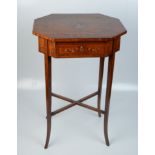 A good Edwardian satinwood work table in Sheraton style the octagonal top painted with a portrait