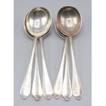 A set of six Goldsmiths & Silversmiths Co bull-nose rattail soup spoons, London 1922, 15oz.