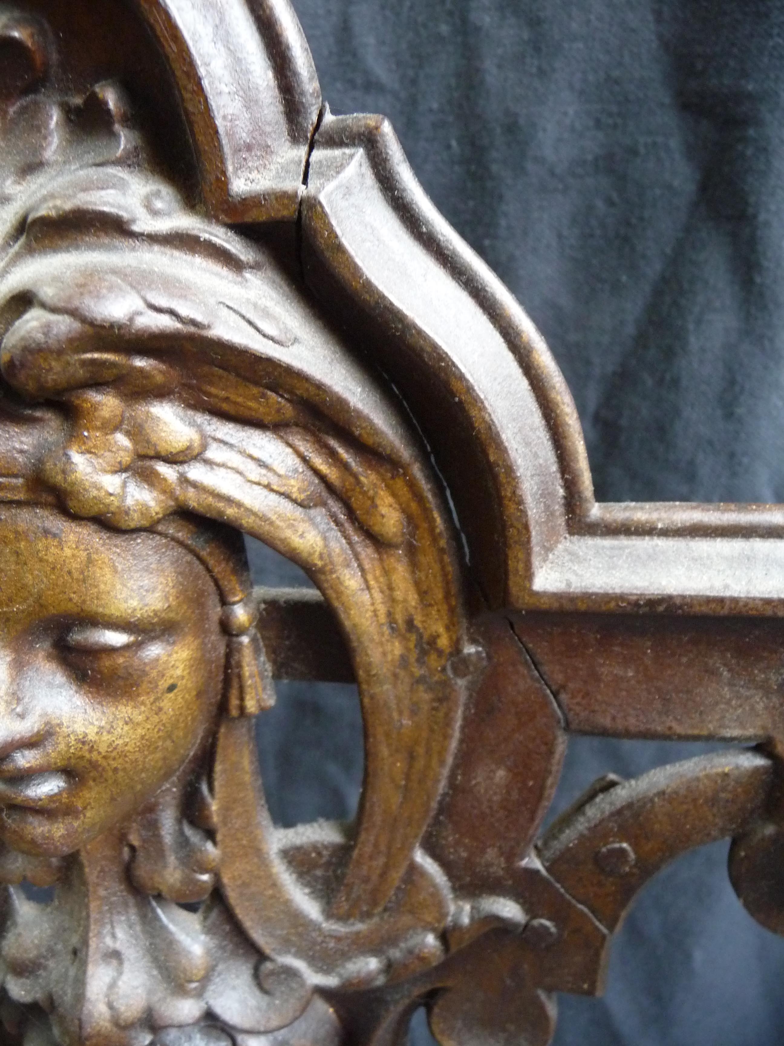A Victorian iron stick stand cast with the head of a woman above leaves and fruit, height 73cm, - Image 2 of 4