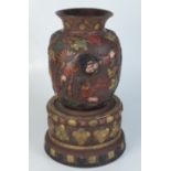 A Japanese brown earthenware vase, 20th century, decorated with a warrior,