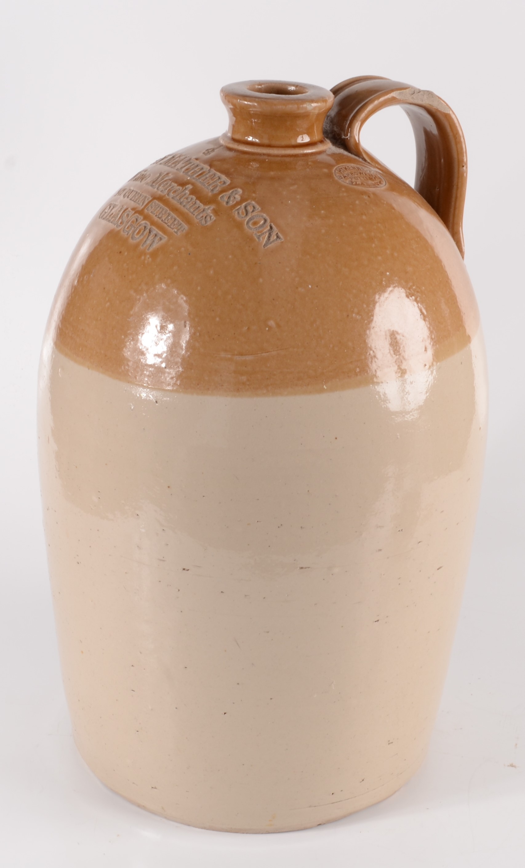 A stoneware flagon, inscribed 'John Mather & Son, Wine Merchants, 147 Queen Street,