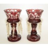 A pair of ruby etched glass lustres, height 26.5cm.