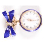 An 18ct gold small fob watch with matching bow brooch the back of the case set with a diamond