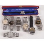 Seven gentleman's Seiko 5 wristwatches and a ladies Tissot automatic Seastar date watch.