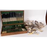 A silver plated canteen of cutlery, in a baize lined fitted oak case, incomplete, case height 8cm,