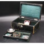 A silver mounted swivel fob seal, a turquoise and mother of pearl set brooch etc. in a jewel box.