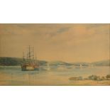 A watercolour by Wallace Paton of shipping on an estuary, signed and dated 1894, 33 x 58cm.