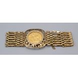 A Victorian sovereign dated 1900 loose mounted in 9ct gold seven bar gate-link bracelet with