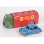 Two die cast models, including a Dublo Dinky oil tanker, length 9cm and a Lesney Morris Minor 1000,