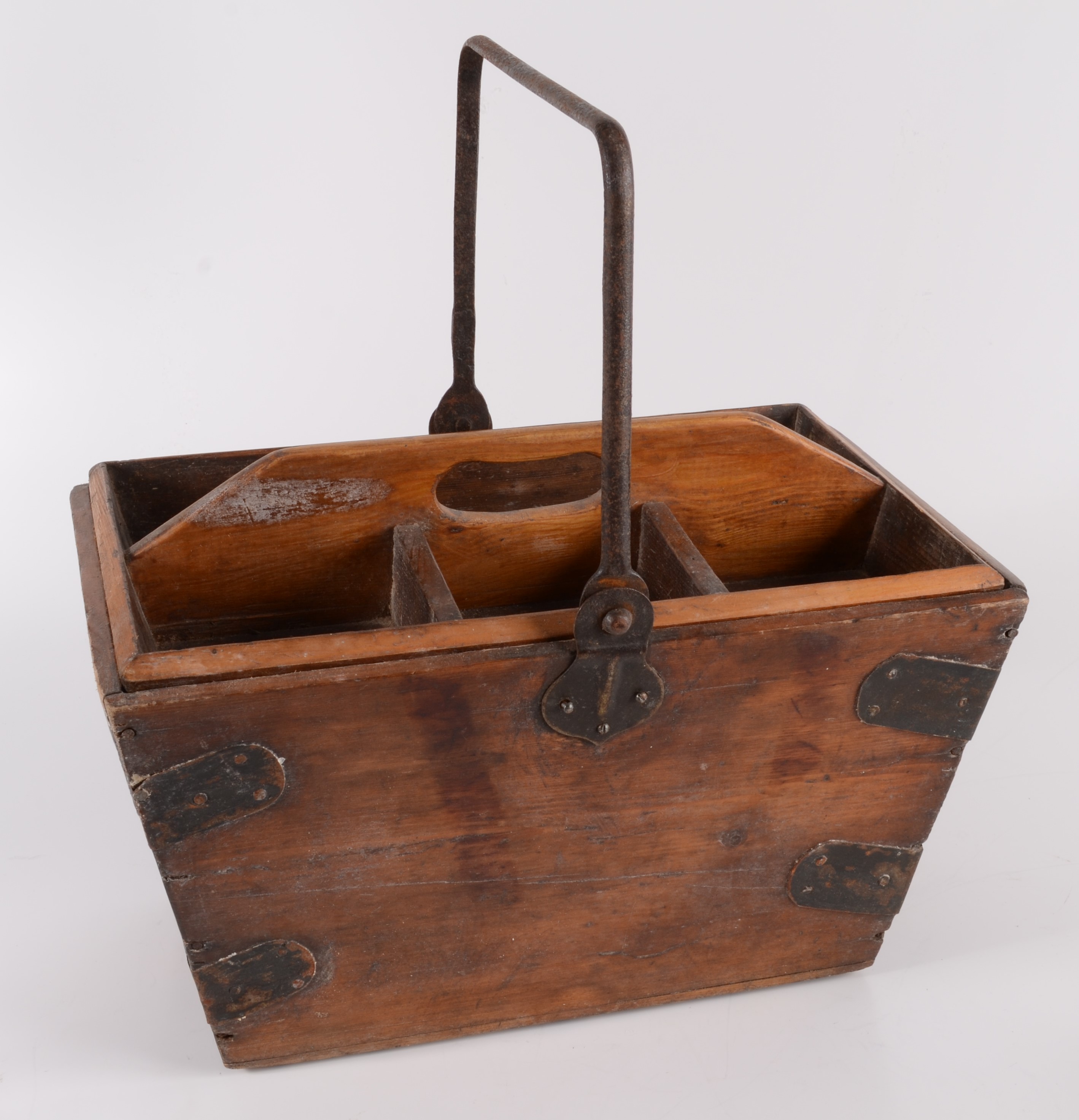 A metal bound pine housemaid's box, with drop in tray and metal swing handle, height 28cm,