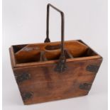 A metal bound pine housemaid's box, with drop in tray and metal swing handle, height 28cm,