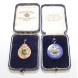 A 9ct gold and enamel bowling medal, 6.4g, together with a silver Sykes Bowling Cup enamelled medal.
