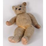 A toy bear, with button eyes, love worn, height 56cm.