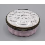 An early 19th century South Staffordshire enamelled patch box the lid inscribed "Take this Dear