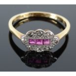 An 18ct gold platinum set ring with a pink sapphire and diamond oval cluster.