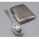 A silver cigarette case and a silver conserve spoon, 3oz.